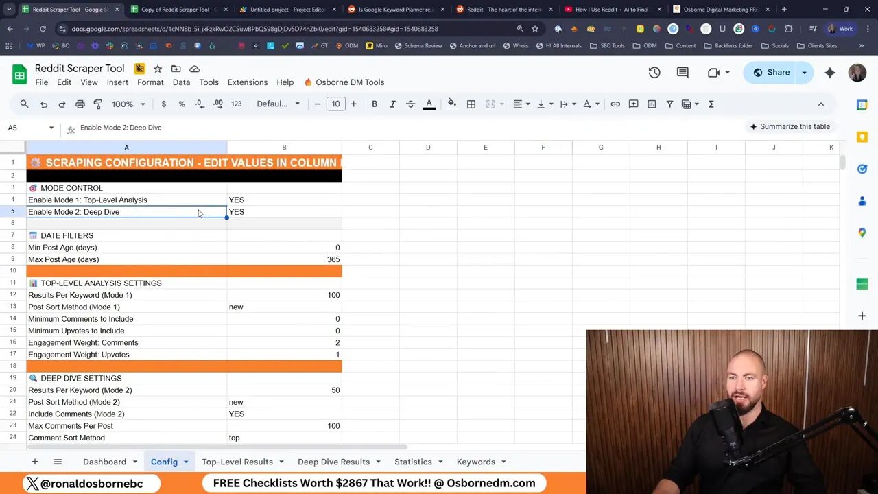 Config tab of the Reddit Scaper showing mode toggle and filters