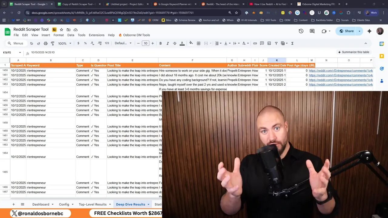 Google Sheet interface of the Reddit Scaper behind me showing columns and data