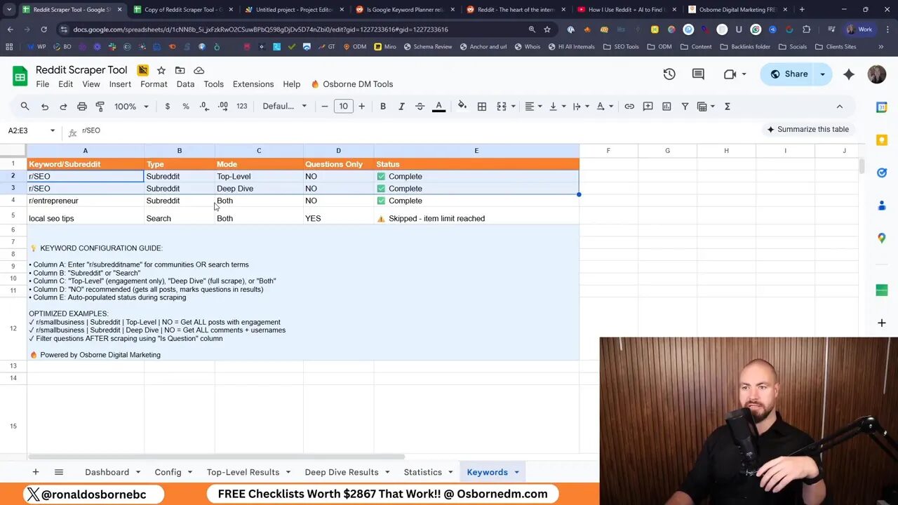 Keywords sheet listing subreddits and search keywords for scraping
